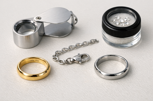 Close-up of zlatý, stříbrný and platinum jewelry with a jeweler loupe on a neutral background