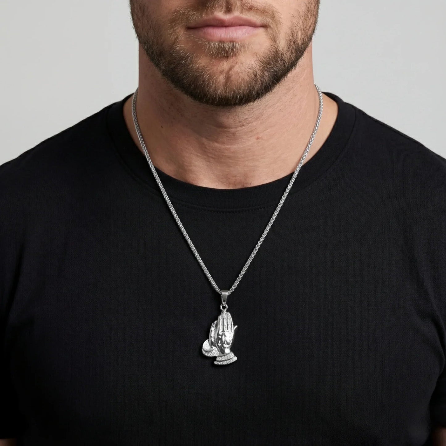 Praying Hands Iced Pendant (Silver)