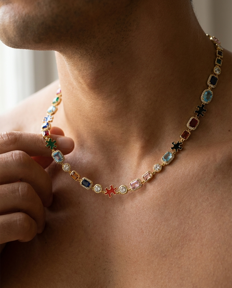 Iced Gemstone Necklace Gold - worn detail